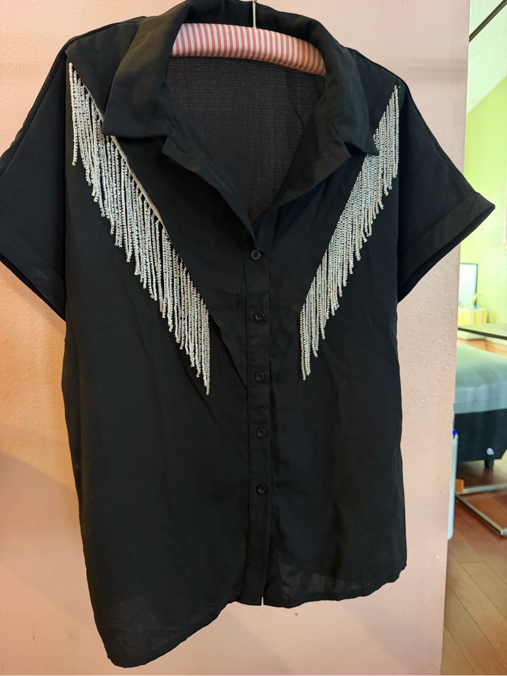 Black Short-Sleeve Button Front Blouse with Silver Beaded Fringe